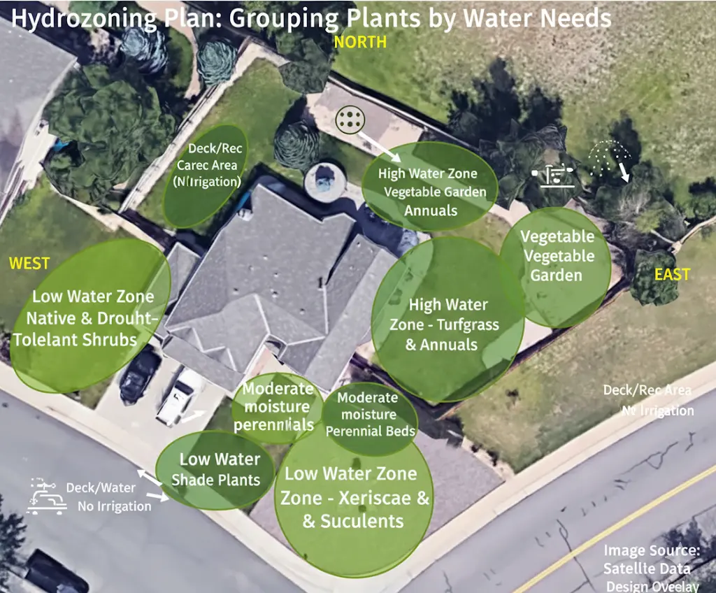 A diagram illustrating hydrozoning in a Florida landscape, showing how to group plants by water needs to reduce water usage with smart irrigation